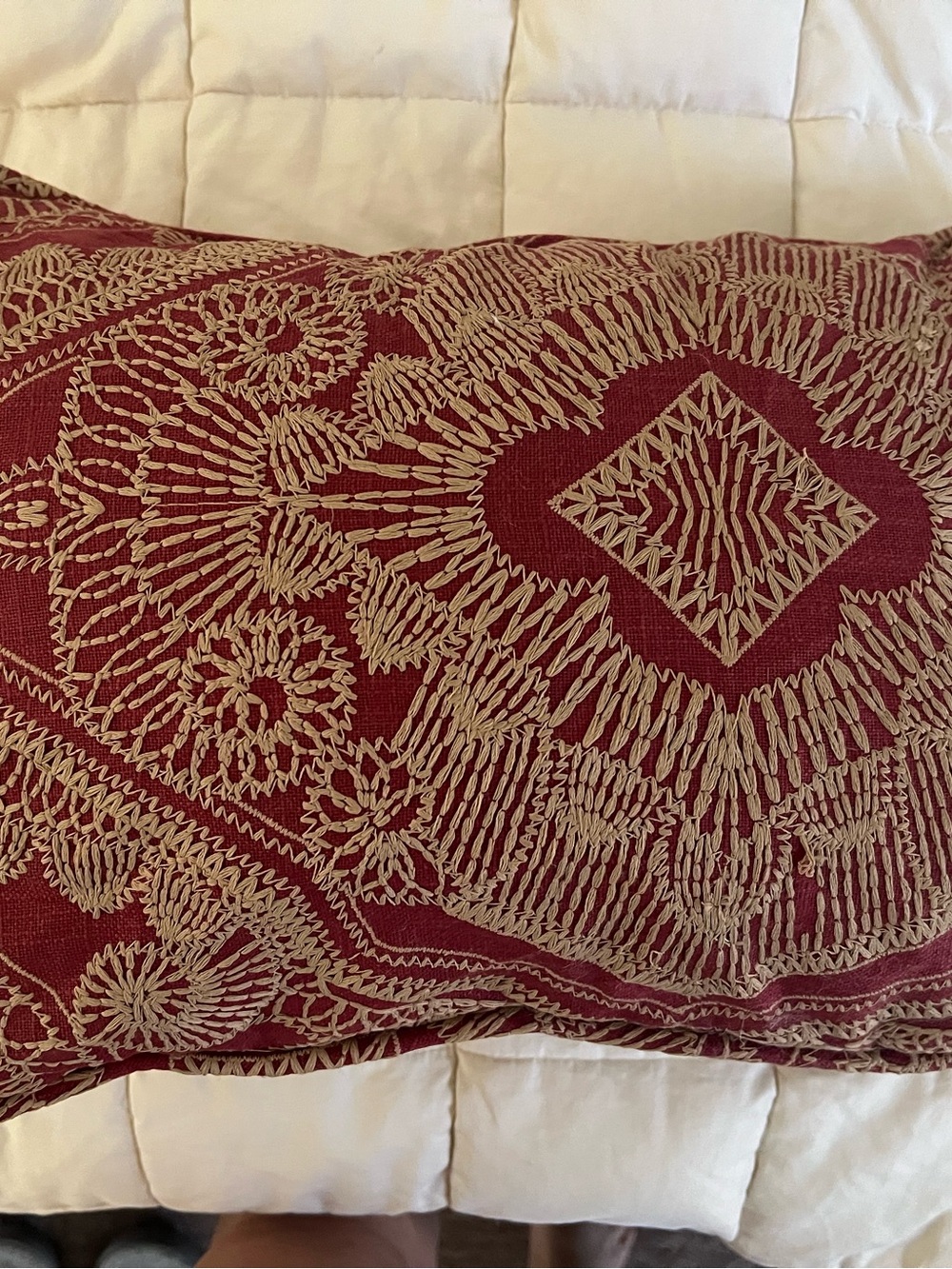 Decorative Embroidered Throw Pillow - Burgundy and Beige